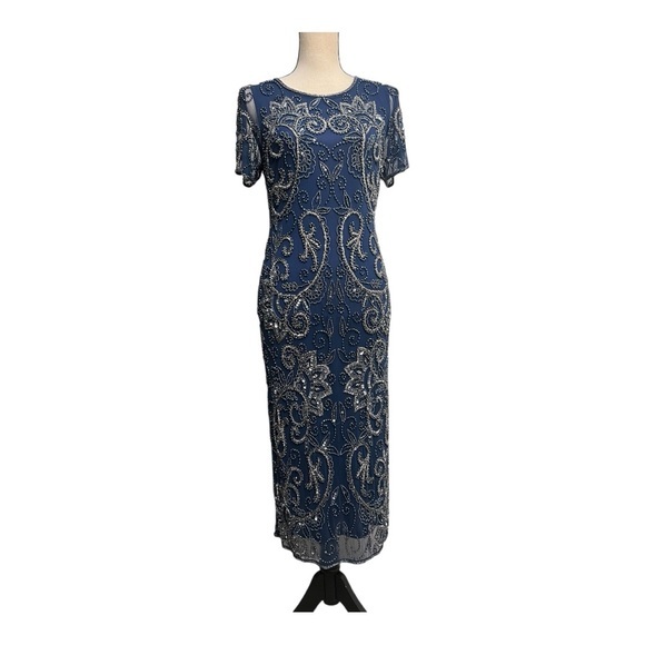 Pisarro Nights Blue Midi With Embellish Beaded Illusion Neck Dress Size 8